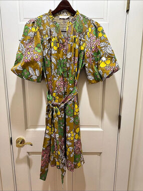 Tory Burch Smocked Floral Midi Dress Green & Yellow Small